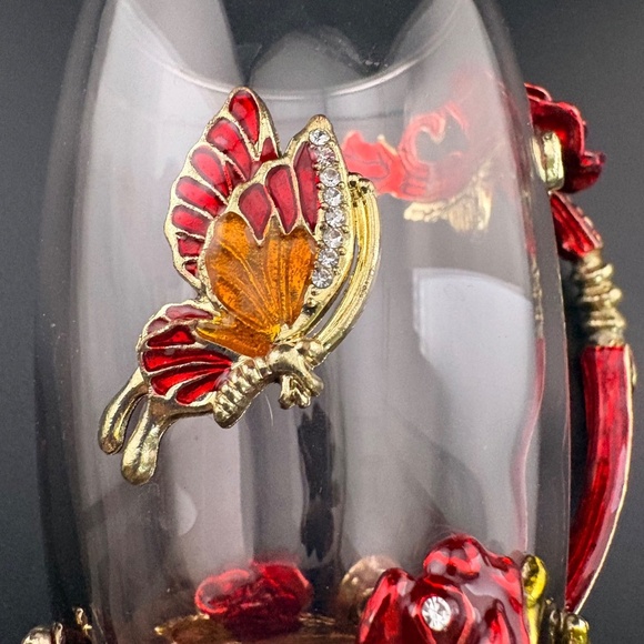 Glass Coffee Tea Cup 3D Jeweled Red & Gold Enamel Rose & Butterfly ARC Of France - Picture 7 of 11